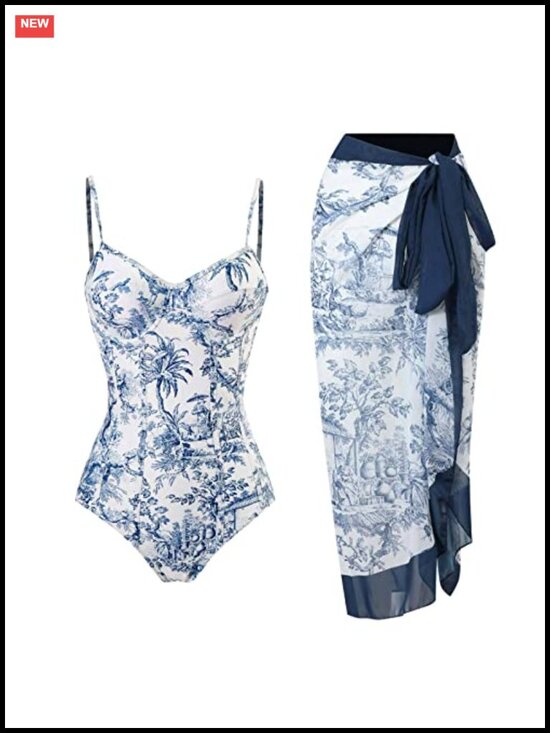 Other - Retro Deep Plunging One Piece Monokini Swimwear with Sarong Cover Up 2 pcs Set